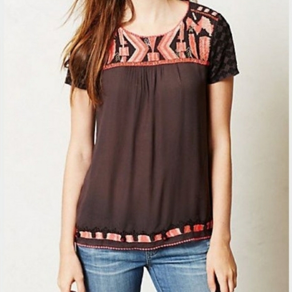 Anthropologie HD in Paris Embroidered Pleated Top Women US 0 - Picture 1 of 14